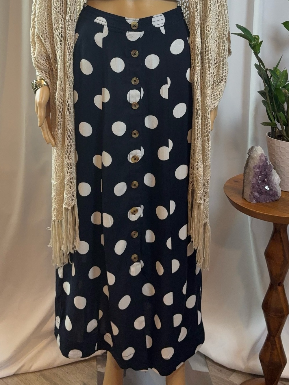 Maeve by Anthropologie Claudette Polka Dot Button-Front Maxi Skirt Navy Size 0
